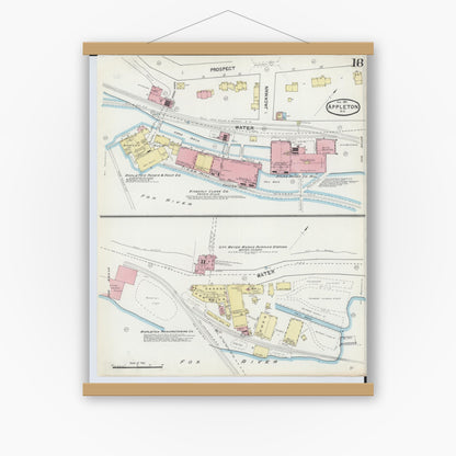 Old map wall art mockup — magnetic wood frame on white wall — Sanborn Fire Insurance Map from Appleton, Outagamie County, Wisconsin (1891), Sheet #0018
