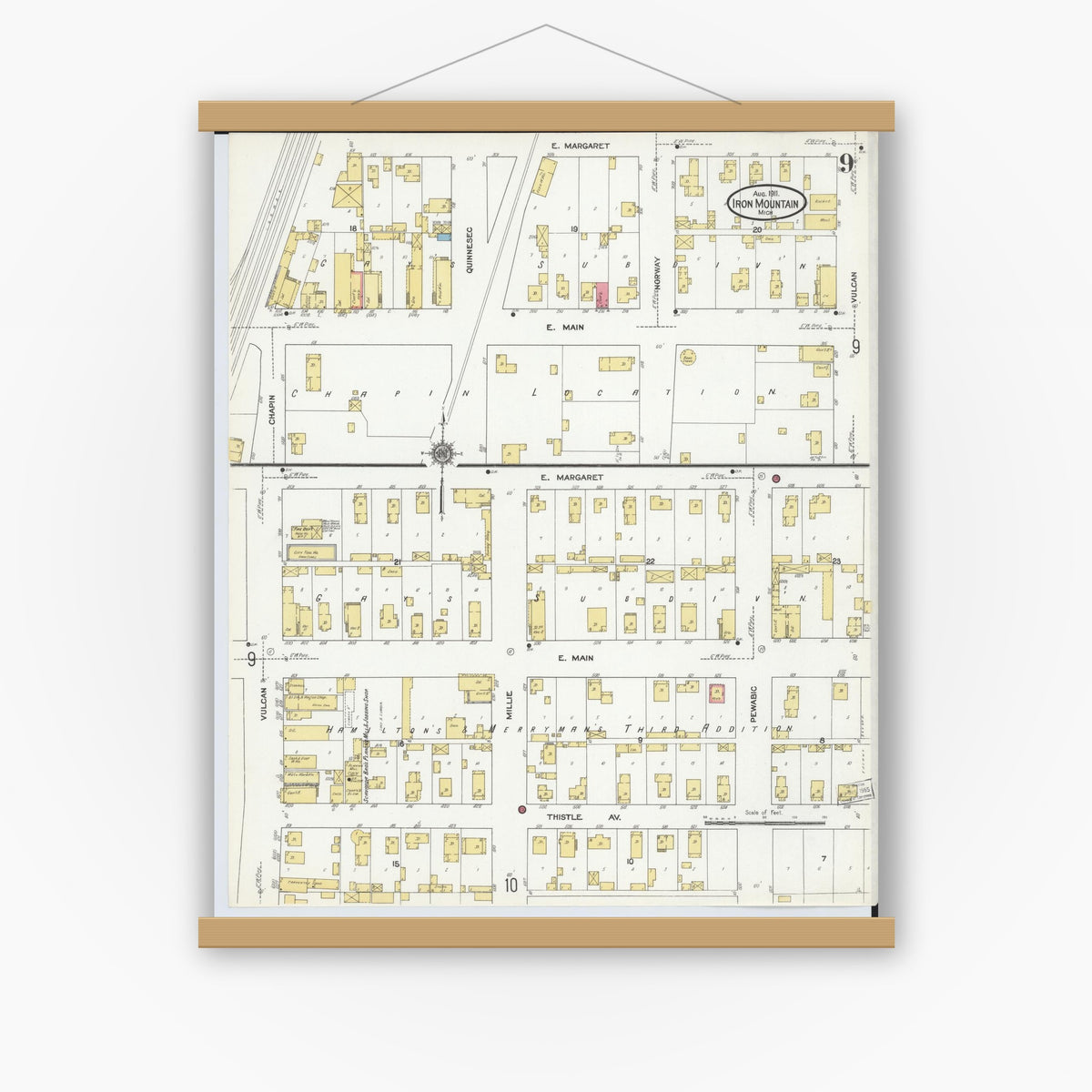 Old map wall art mockup — magnetic wood frame on white wall — Sanborn Fire Insurance Map from Iron Mountain, Dickinson County, Michigan (1911), Sheet #0009