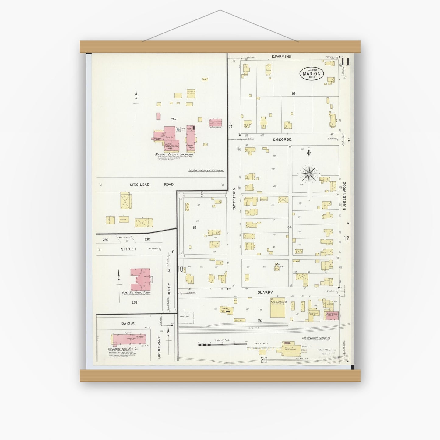 Old map wall art mockup — magnetic wood frame on white wall — Sanborn Fire Insurance Map from Marion, Marion County, Ohio (1908), Sheet #0011