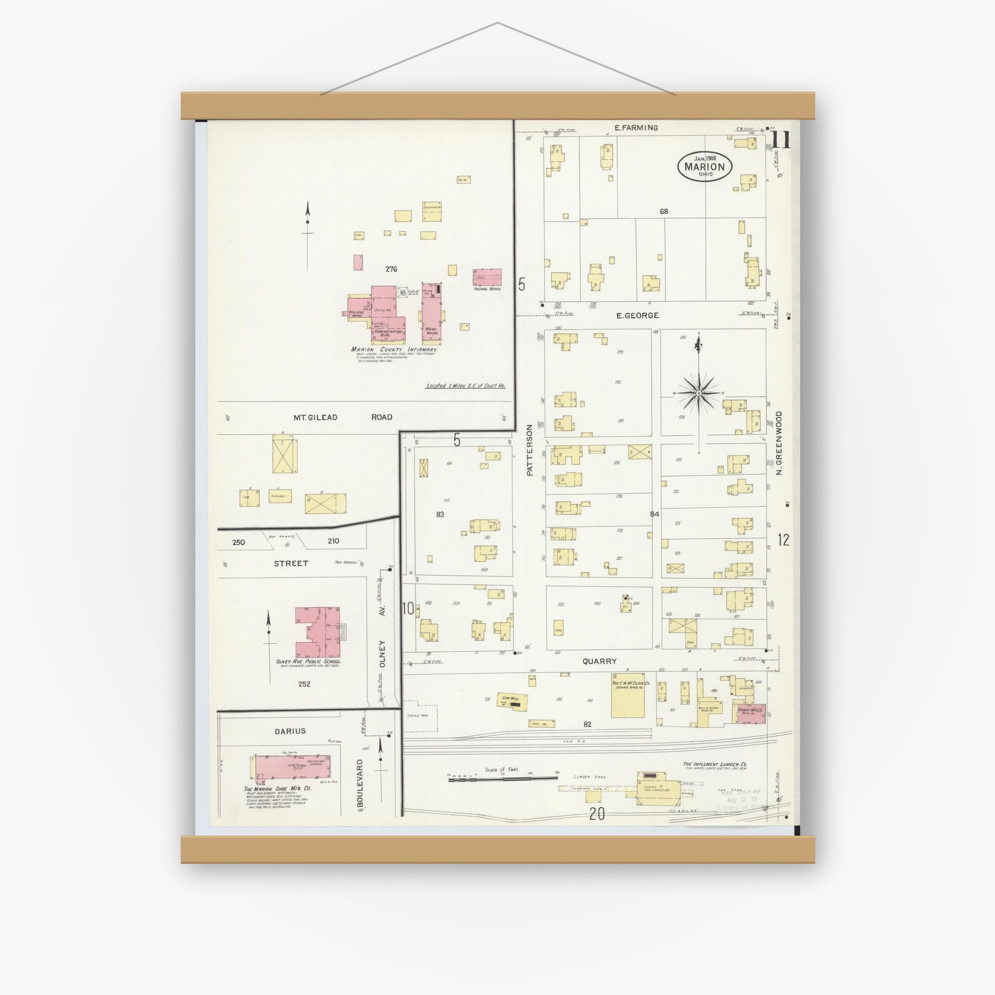 Old map wall art mockup — magnetic wood frame on white wall — Sanborn Fire Insurance Map from Marion, Marion County, Ohio (1908), Sheet #0011