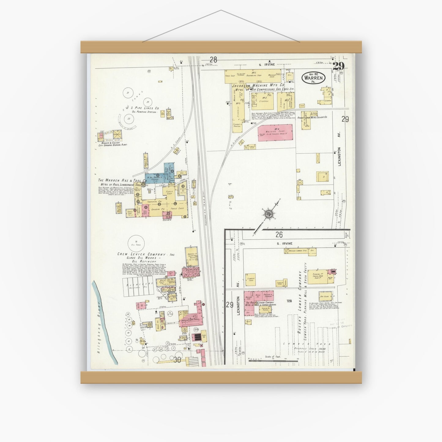 Old map wall art mockup — magnetic wood frame on white wall — Sanborn Fire Insurance Map from Warren, Warren County, Pennsylvania (1912), Sheet #0029