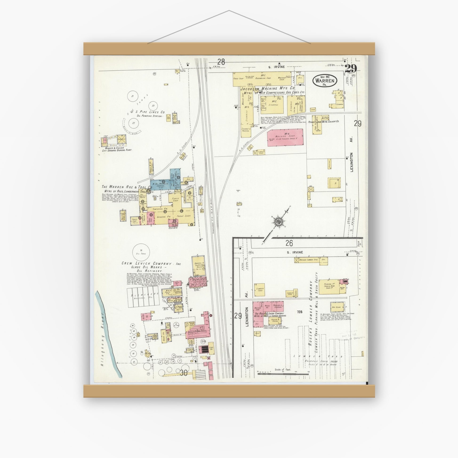 Old map wall art mockup — magnetic wood frame on white wall — Sanborn Fire Insurance Map from Warren, Warren County, Pennsylvania (1912), Sheet #0029