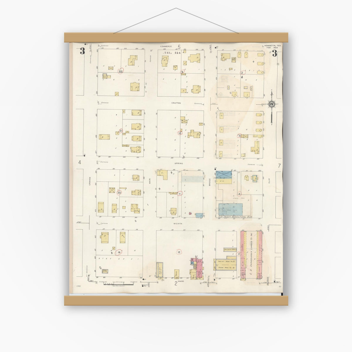 Old map wall art mockup — magnetic wood frame on white wall — Sanborn Fire Insurance Map from Henrietta, Clay County, Texas (1944), Sheet #0003