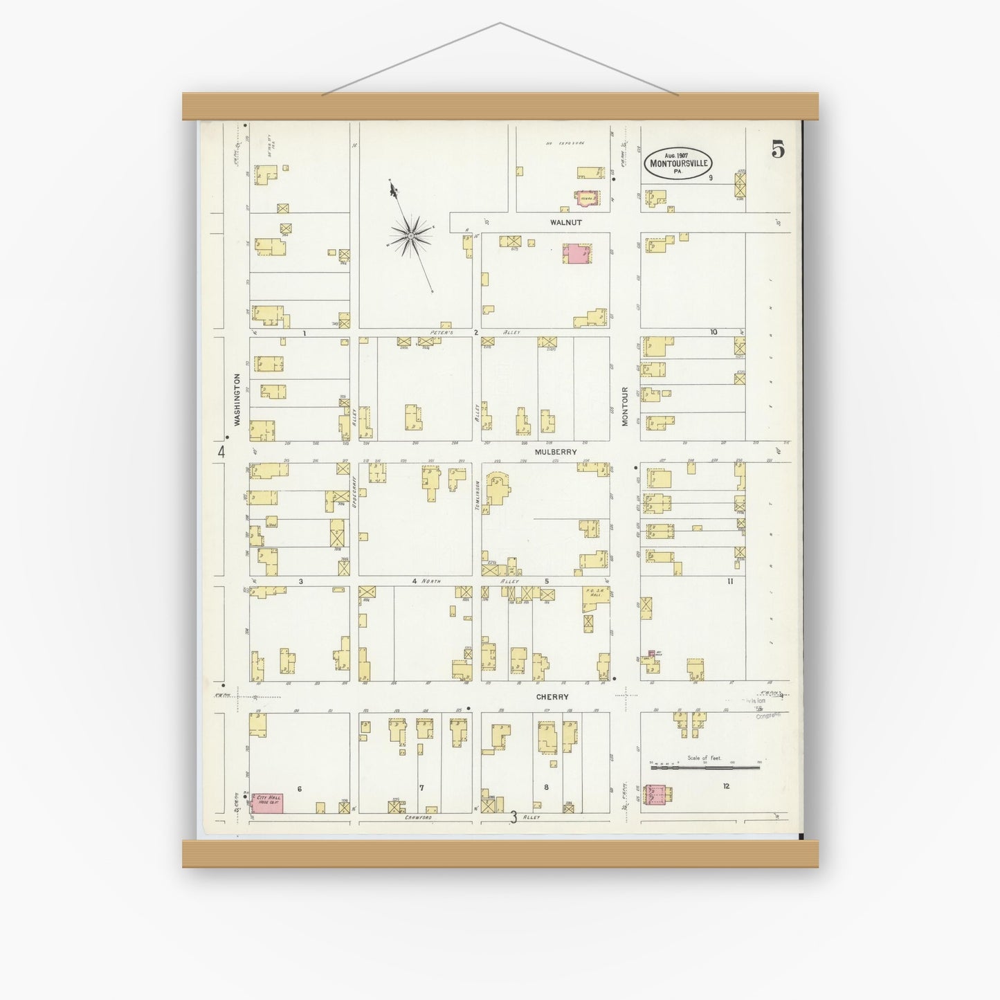 Old map wall art mockup — magnetic wood frame on white wall — Sanborn Fire Insurance Map from Montoursville, Lycoming County, Pennsylvania (1907), Sheet #0005