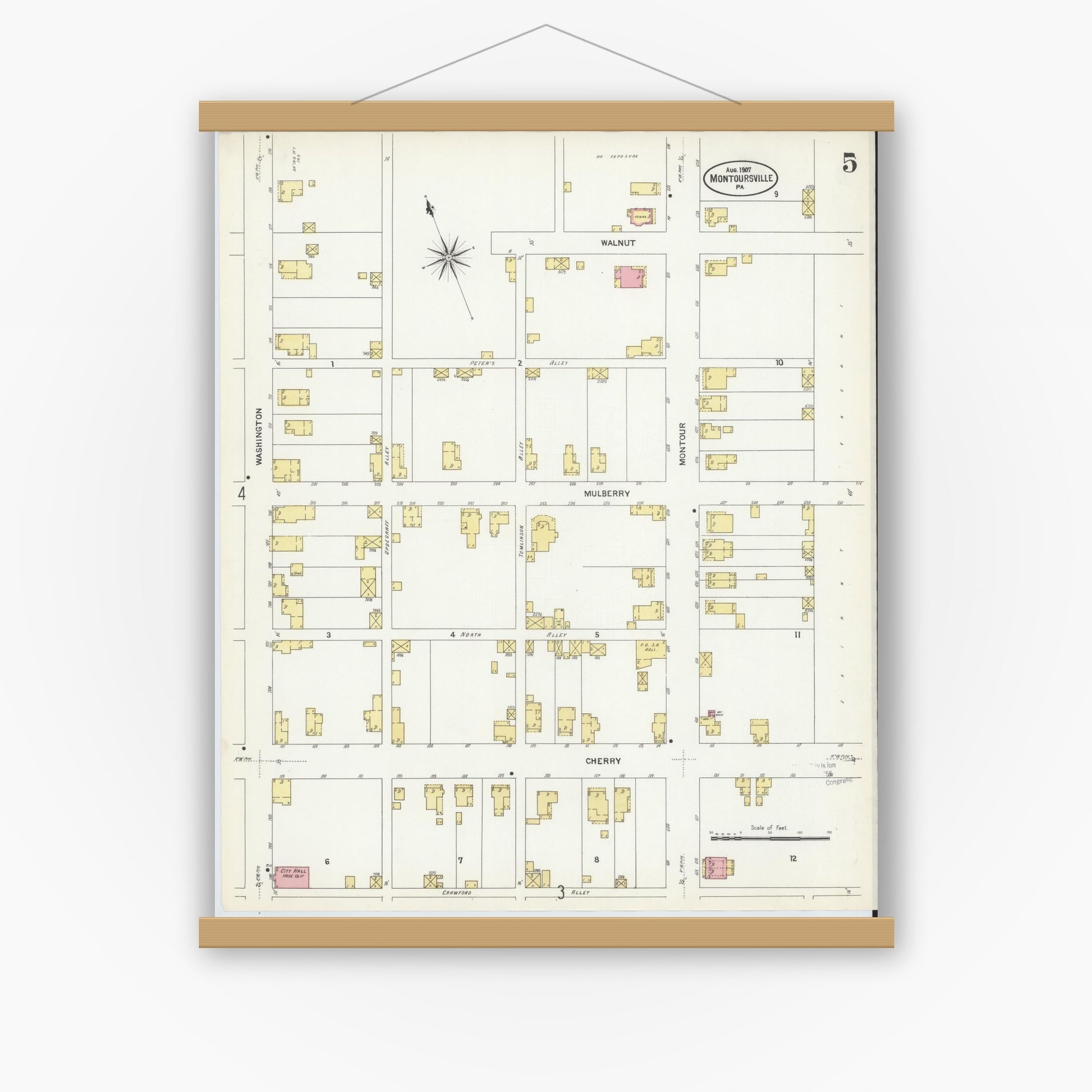 Old map wall art mockup — magnetic wood frame on white wall — Sanborn Fire Insurance Map from Montoursville, Lycoming County, Pennsylvania (1907), Sheet #0005