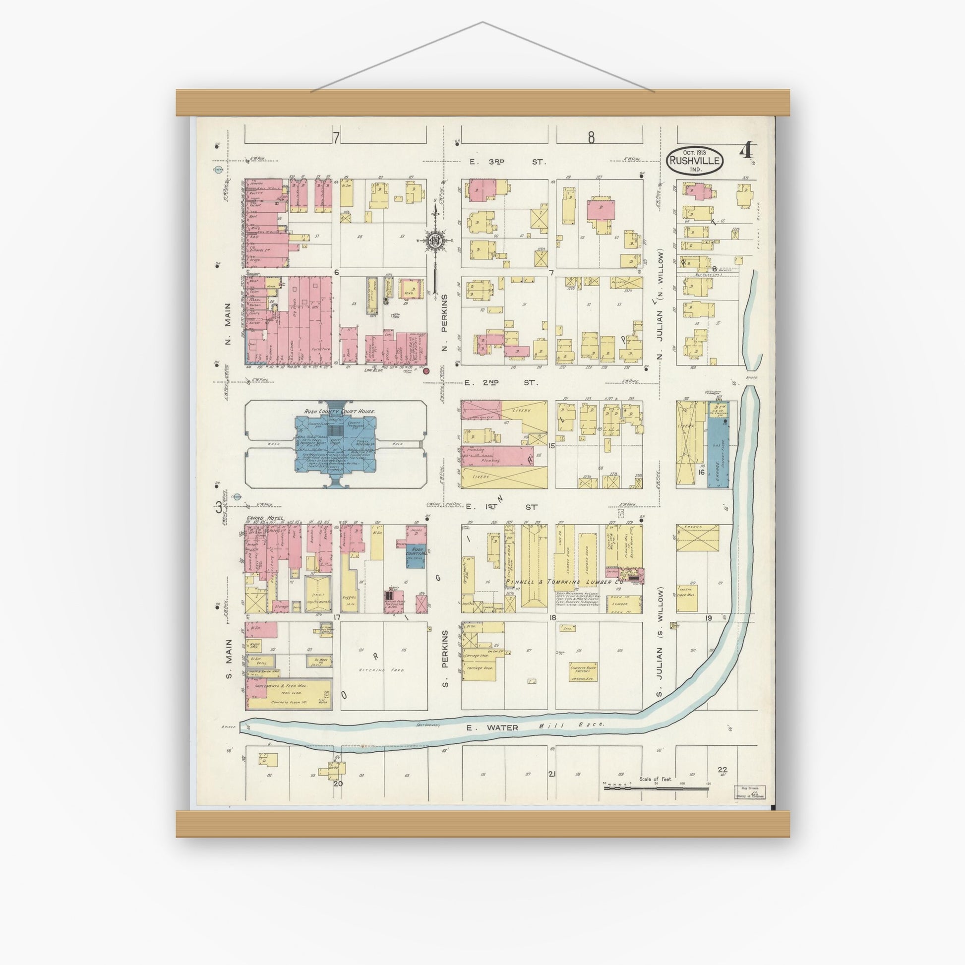 Old map wall art mockup — magnetic wood frame on white wall — Sanborn Fire Insurance Map from Rushville, Rush County, Indiana (1913), Sheet #0004