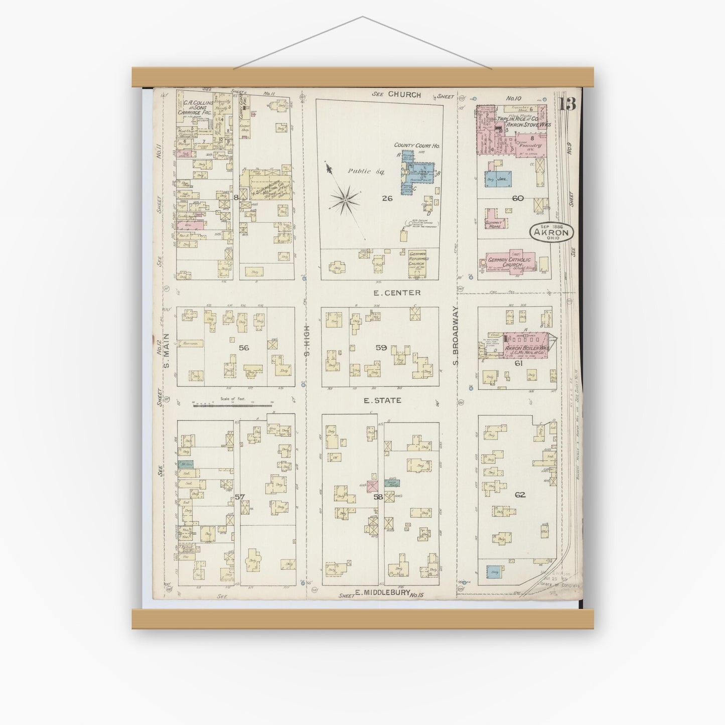 Old map wall art mockup — magnetic wood frame on white wall — Sanborn Fire Insurance Map from Akron, Summit County, Ohio (1886), Sheet #0013
