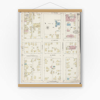 Old map wall art mockup — magnetic wood frame on white wall — Sanborn Fire Insurance Map from Akron, Summit County, Ohio (1886), Sheet #0013