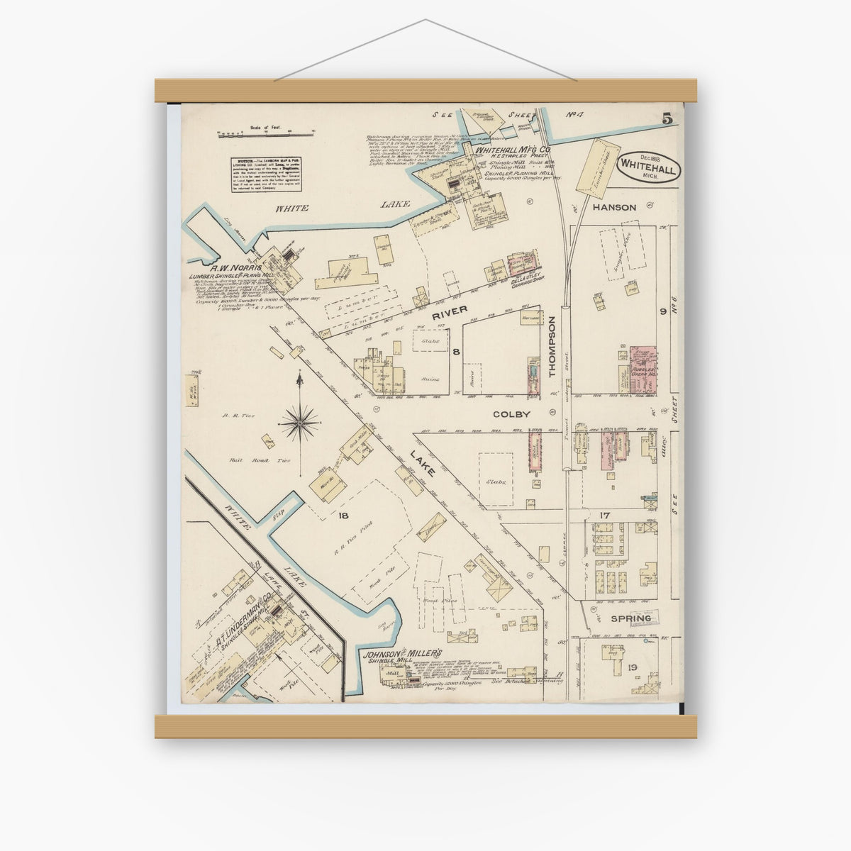 Old map wall art mockup — magnetic wood frame on white wall — Sanborn Fire Insurance Map from Montague, Muskegon County, Michigan (1883), Sheet #0005