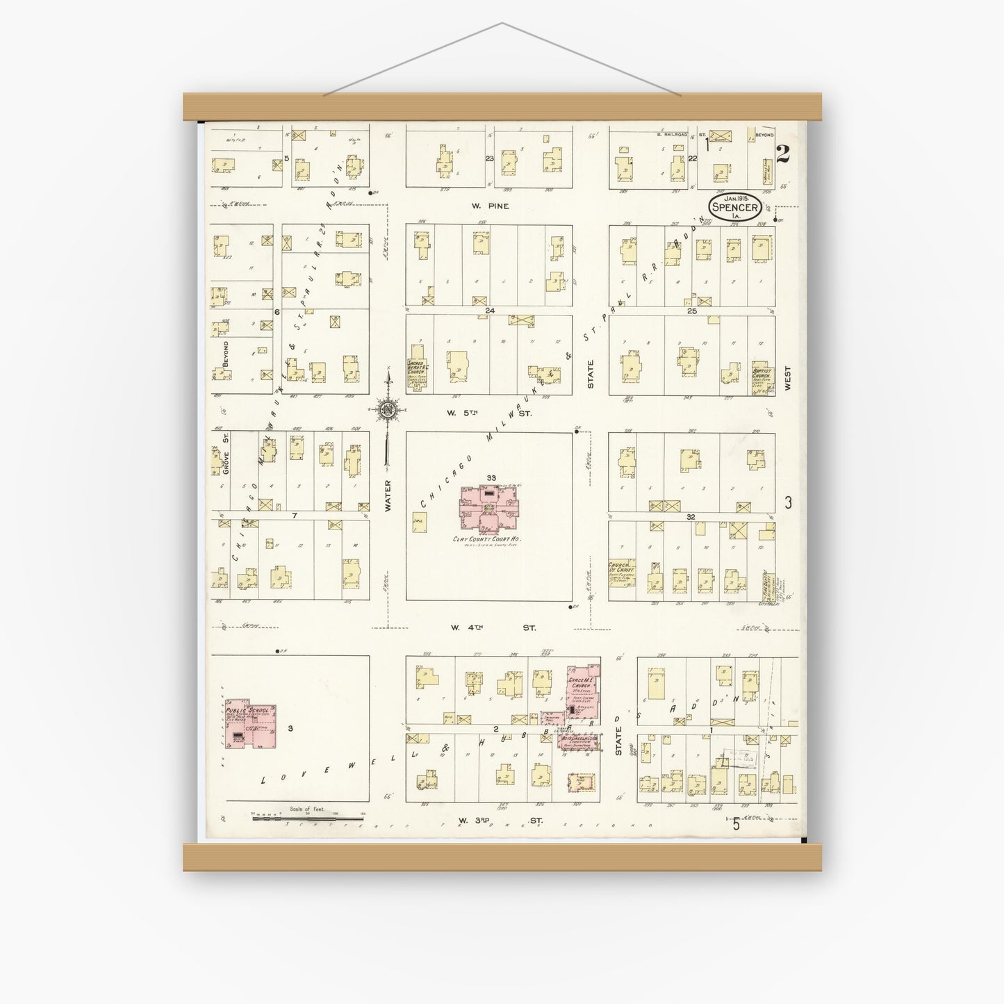 Old map wall art mockup — magnetic wood frame on white wall — Sanborn Fire Insurance Map from Spencer, Clay County, Iowa (1915), Sheet #0002