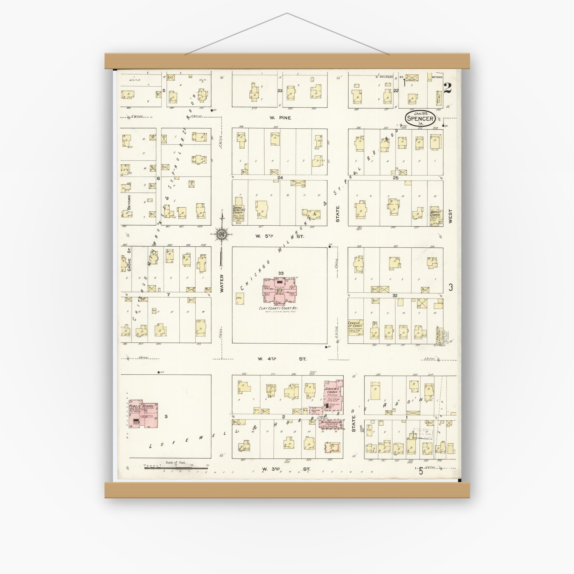 Old map wall art mockup — magnetic wood frame on white wall — Sanborn Fire Insurance Map from Spencer, Clay County, Iowa (1915), Sheet #0002
