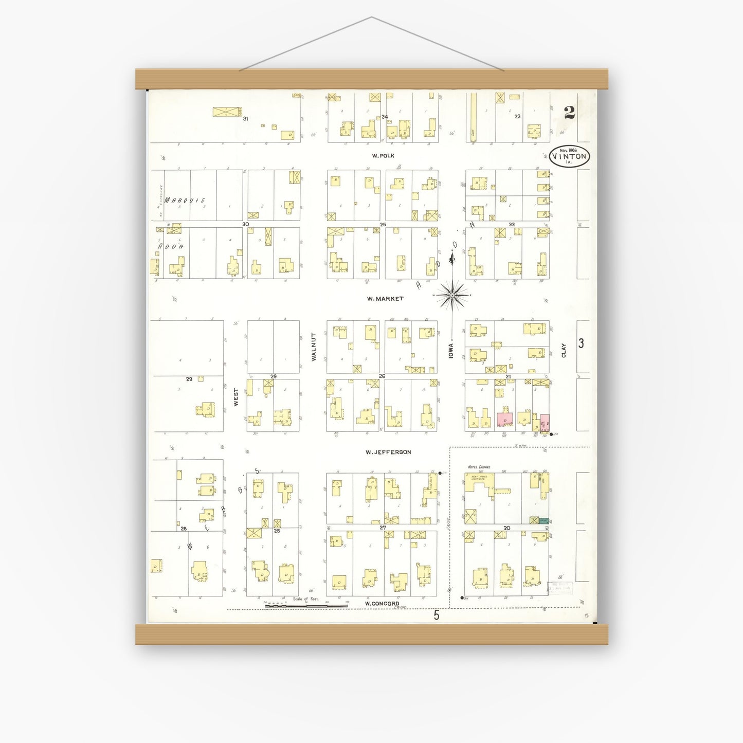 Old map wall art mockup — magnetic wood frame on white wall — Sanborn Fire Insurance Map from Vinton, Benton County, Iowa (1906), Sheet #0002