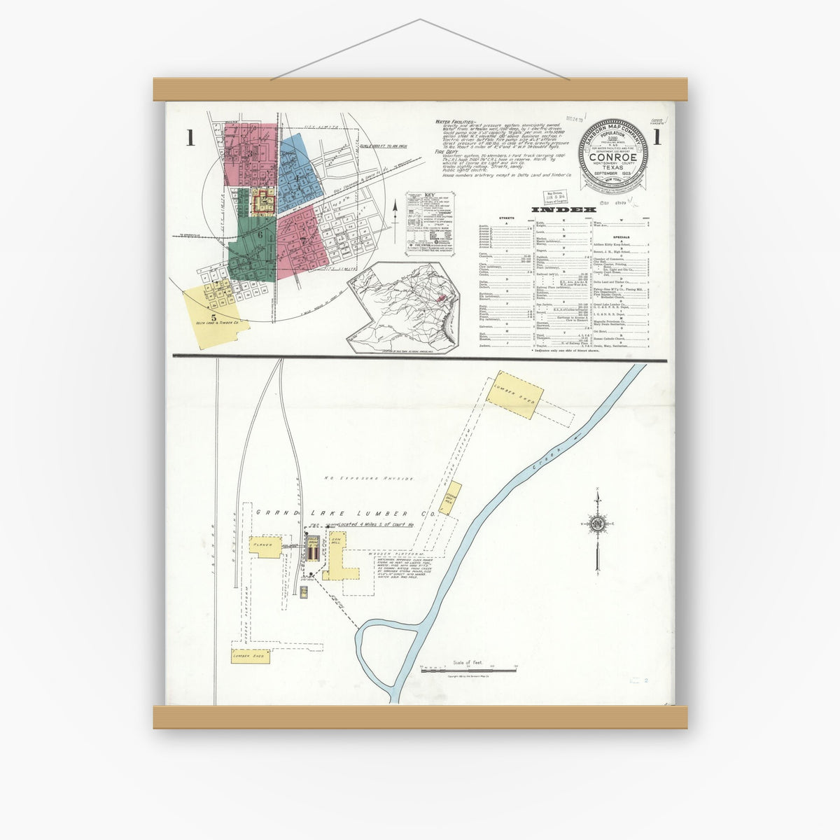 Old map wall art mockup — magnetic wood frame on white wall — Sanborn Fire Insurance Map from Conroe, Montgomery County, Texas (1923) - Complete Map Set