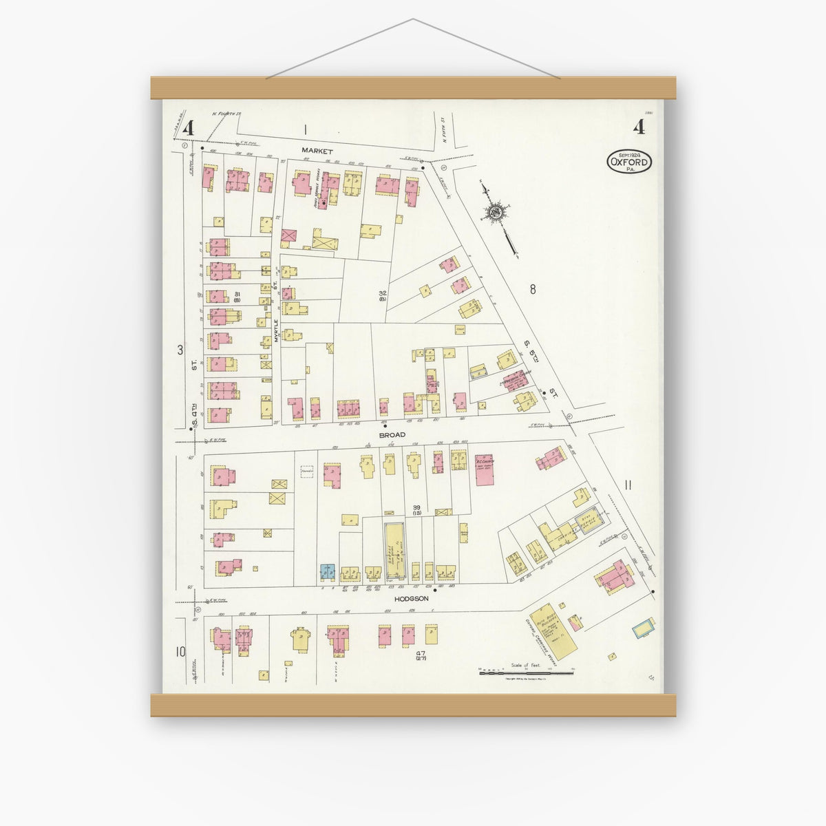 Old map wall art mockup — magnetic wood frame on white wall — Sanborn Fire Insurance Map from Oxford, Chester County, Pennsylvania (1924), Sheet #0004