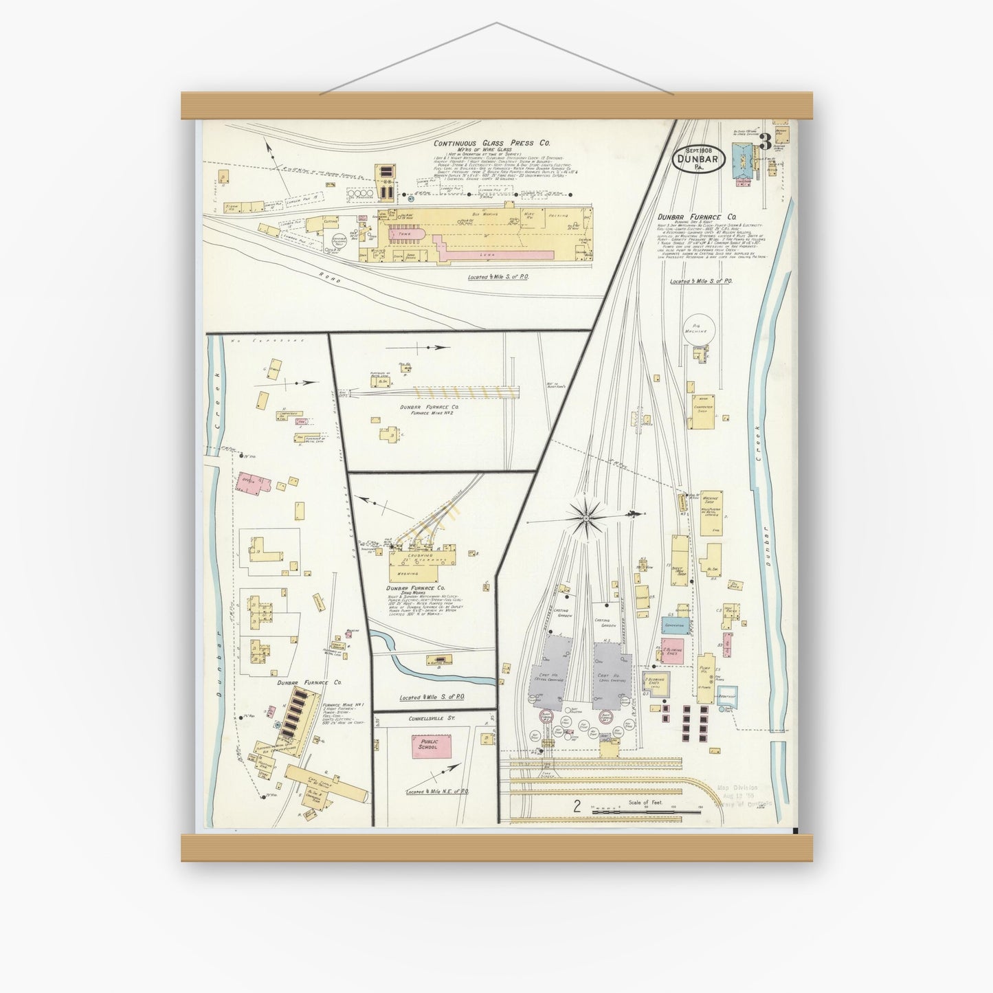Old map wall art mockup — magnetic wood frame on white wall — Sanborn Fire Insurance Map from Dunbar, Fayette County, Pennsylvania (1908), Sheet #0003