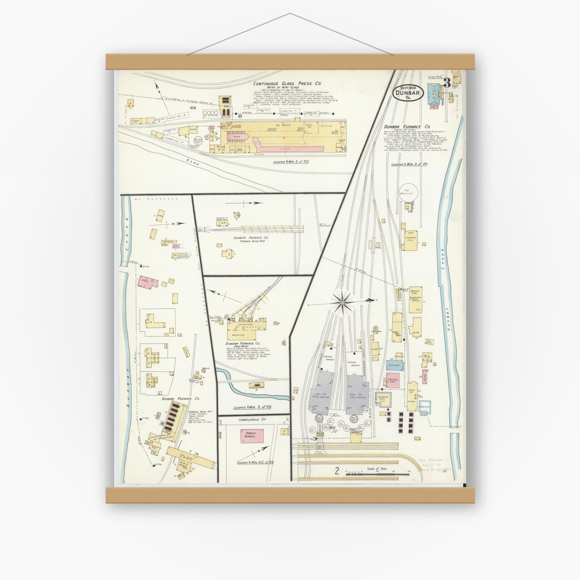 Old map wall art mockup — magnetic wood frame on white wall — Sanborn Fire Insurance Map from Dunbar, Fayette County, Pennsylvania (1908), Sheet #0003