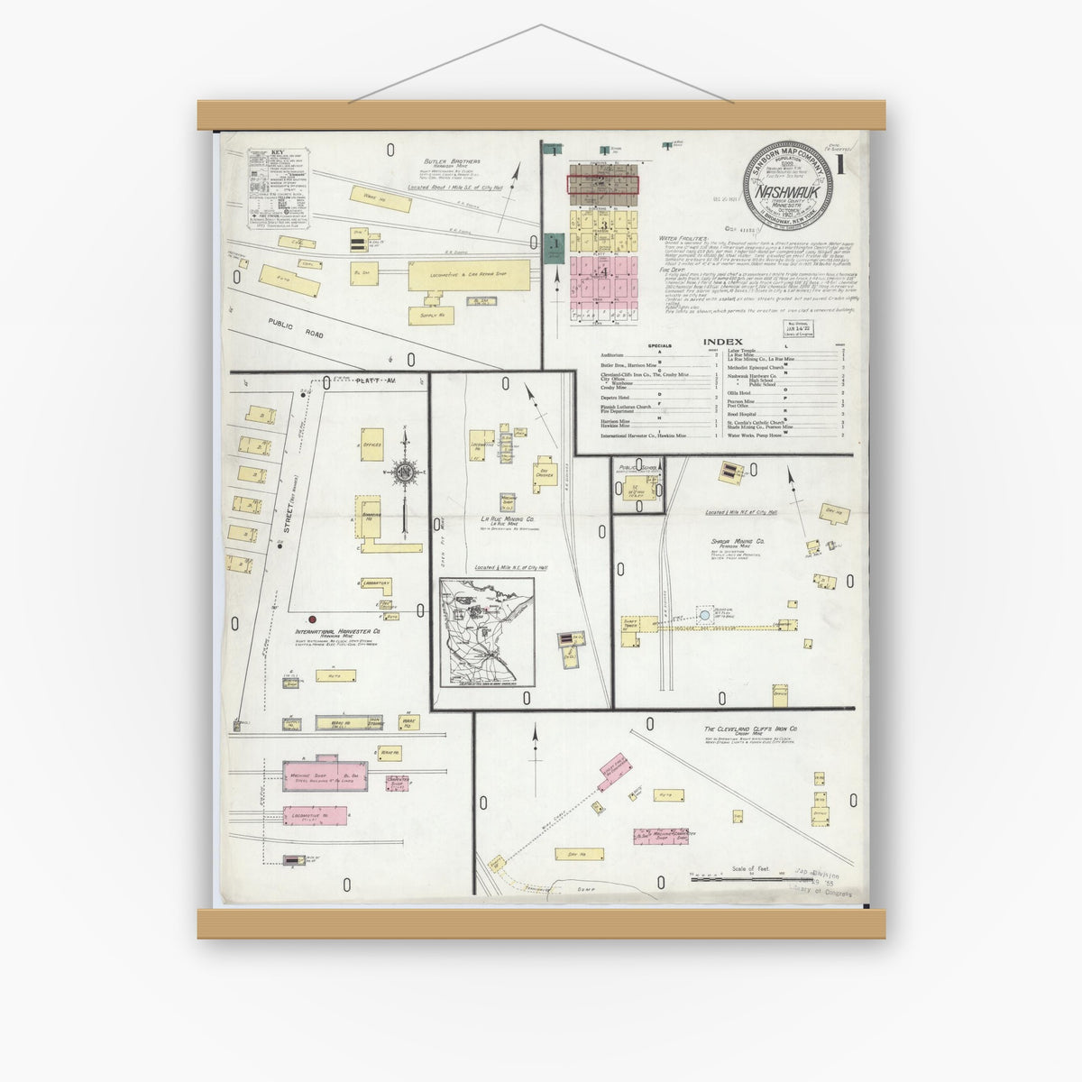Old map wall art mockup — magnetic wood frame on white wall — Sanborn Fire Insurance Map from Nashwauk, Itasca County, Minnesota (1921) - Complete Map Set