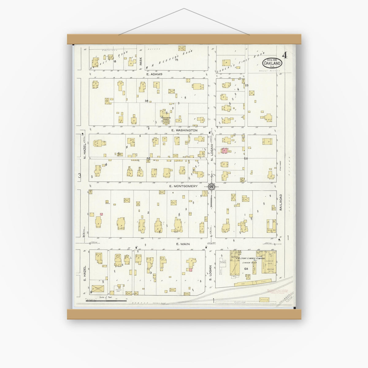 Old map wall art mockup — magnetic wood frame on white wall — Sanborn Fire Insurance Map from Oakland, Coles County, Illinois (1916), Sheet #0004