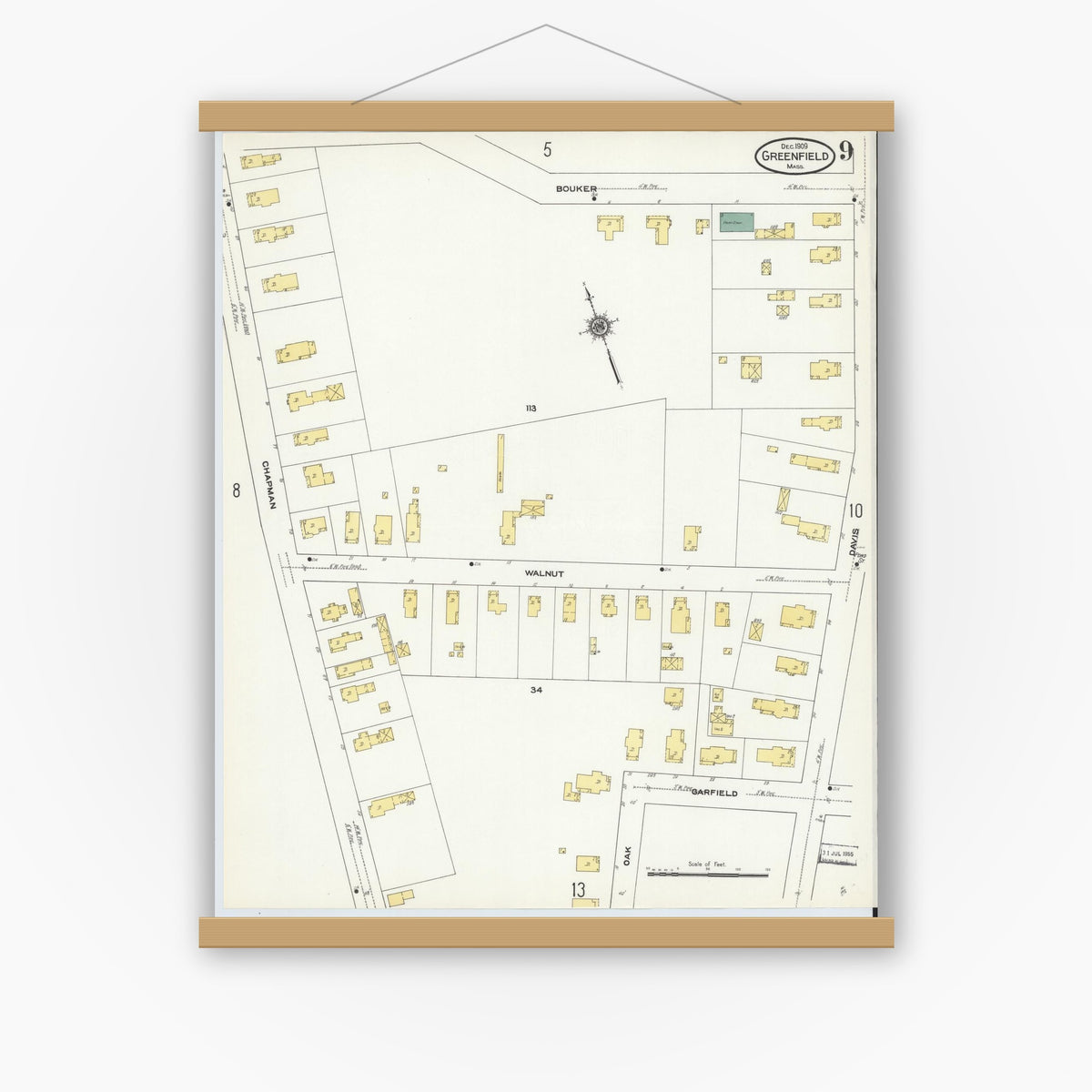Old map wall art mockup — magnetic wood frame on white wall — Sanborn Fire Insurance Map from Greenfield, Franklin County, Massachusetts (1909), Sheet #0009