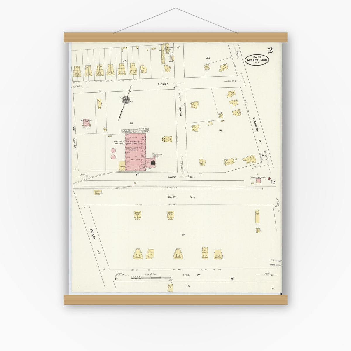 Old map wall art mockup — magnetic wood frame on white wall — Sanborn Fire Insurance Map from Moorestown, Burlington County, New Jersey (1911) - Complete Map Set