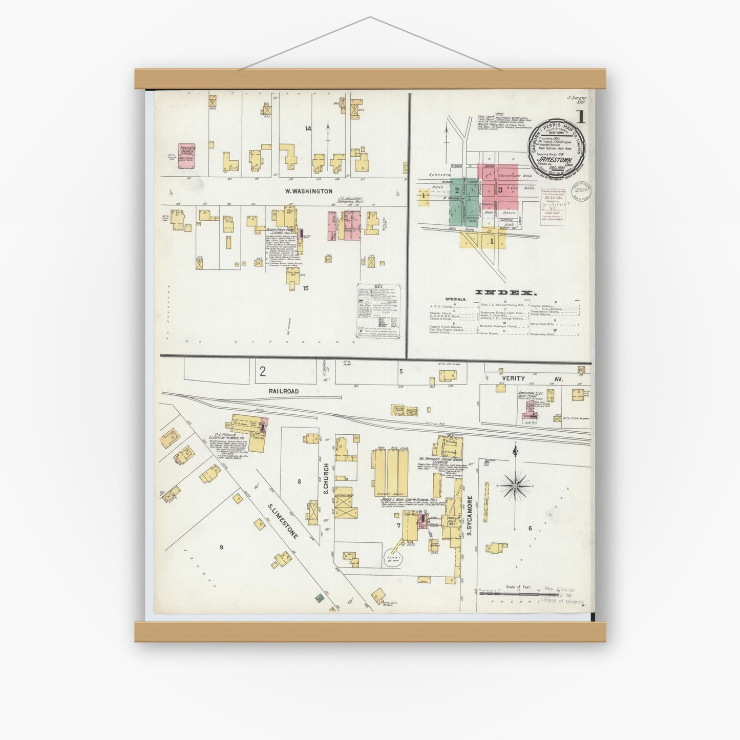 Old map wall art mockup — magnetic wood frame on white wall — Sanborn Fire Insurance Map from Jamestown, Greene County, Ohio (1899) - Complete Map Set