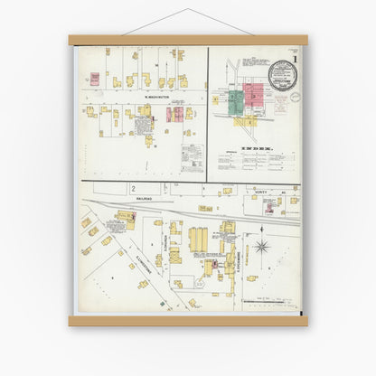 Old map wall art mockup — magnetic wood frame on white wall — Sanborn Fire Insurance Map from Jamestown, Greene County, Ohio (1899) - Complete Map Set
