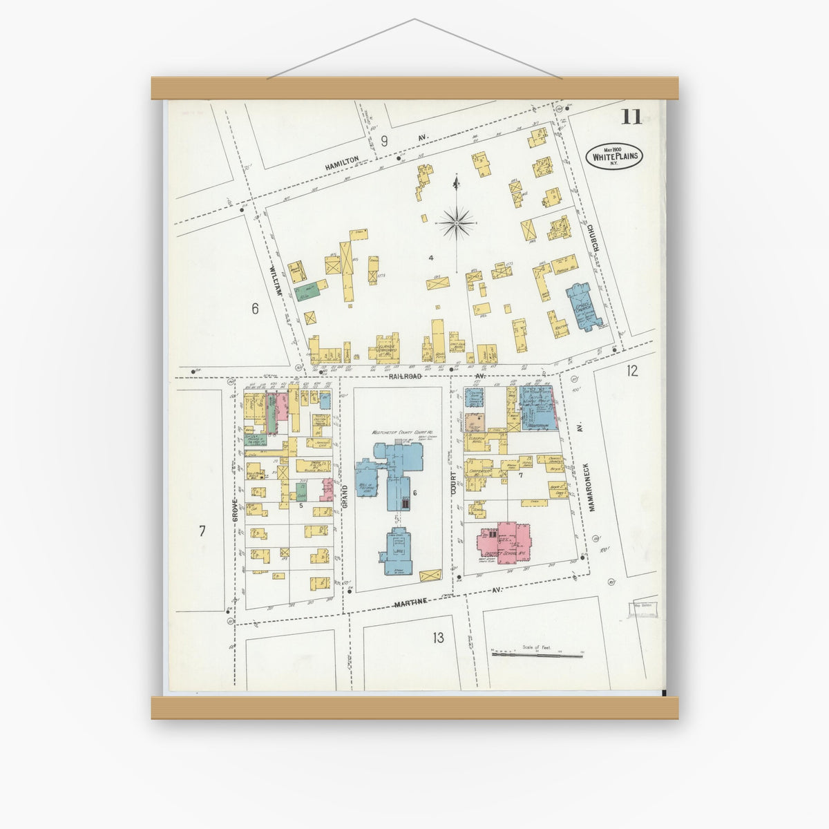 Old map wall art mockup — magnetic wood frame on white wall — Sanborn Fire Insurance Map from White Plains, Westchester County, New York (1900), Sheet #0011