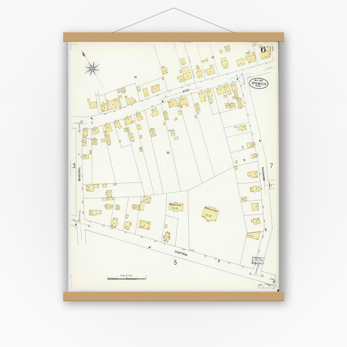 Old map wall art mockup — magnetic wood frame on white wall — Sanborn Fire Insurance Map from Ipswich, Essex County, Massachusetts (1907), Sheet #0006