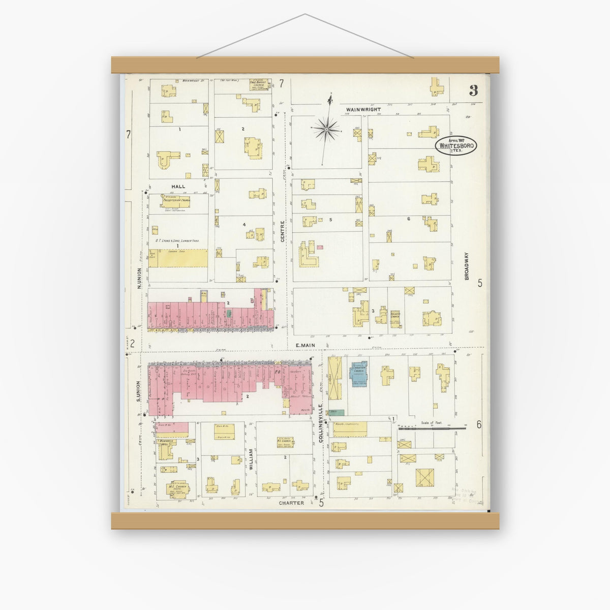 Old map wall art mockup — magnetic wood frame on white wall — Sanborn Fire Insurance Map from Whitesboro, Grayson County, Texas (1907), Sheet #0003