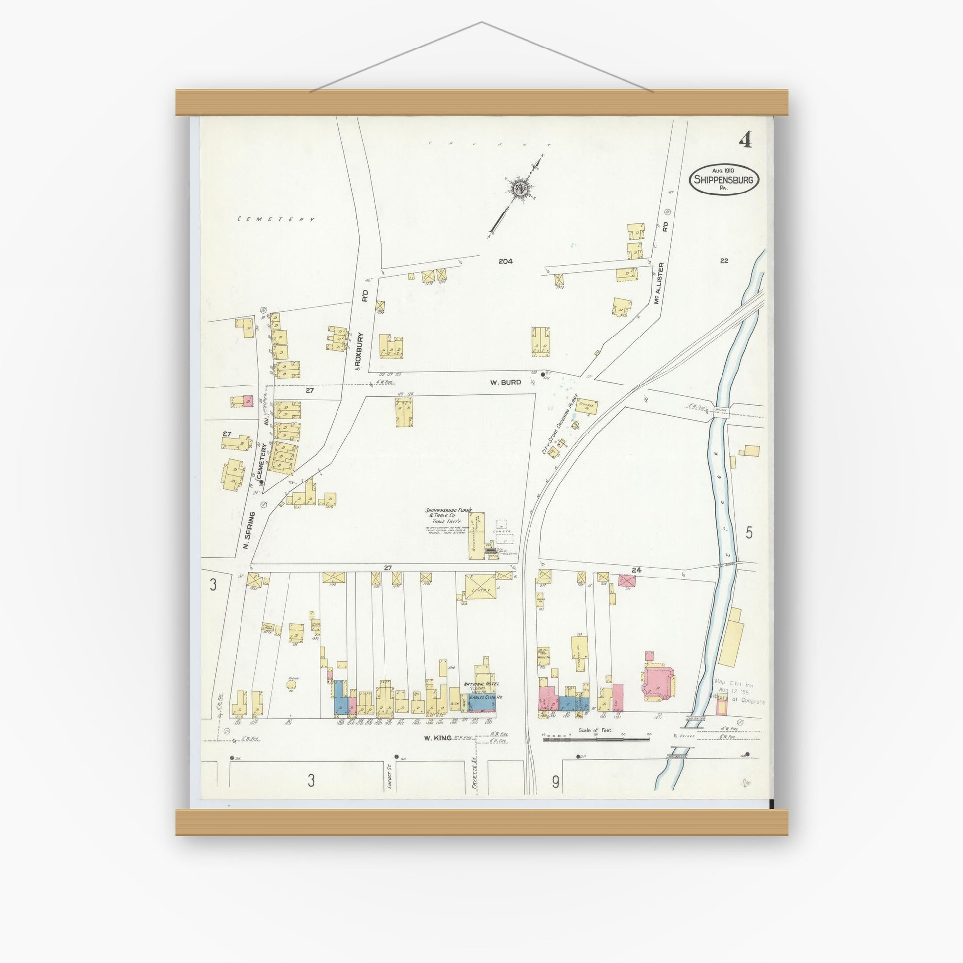 Old map wall art mockup — magnetic wood frame on white wall — Sanborn Fire Insurance Map from Shippensburg, Cumberland And Franklin Counties, Pennsylvania (1910), Sheet #0004