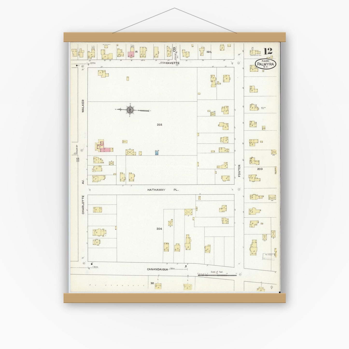 Old map wall art mockup — magnetic wood frame on white wall — Sanborn Fire Insurance Map from Palmyra, Wayne County, New York (1912), Sheet #0012
