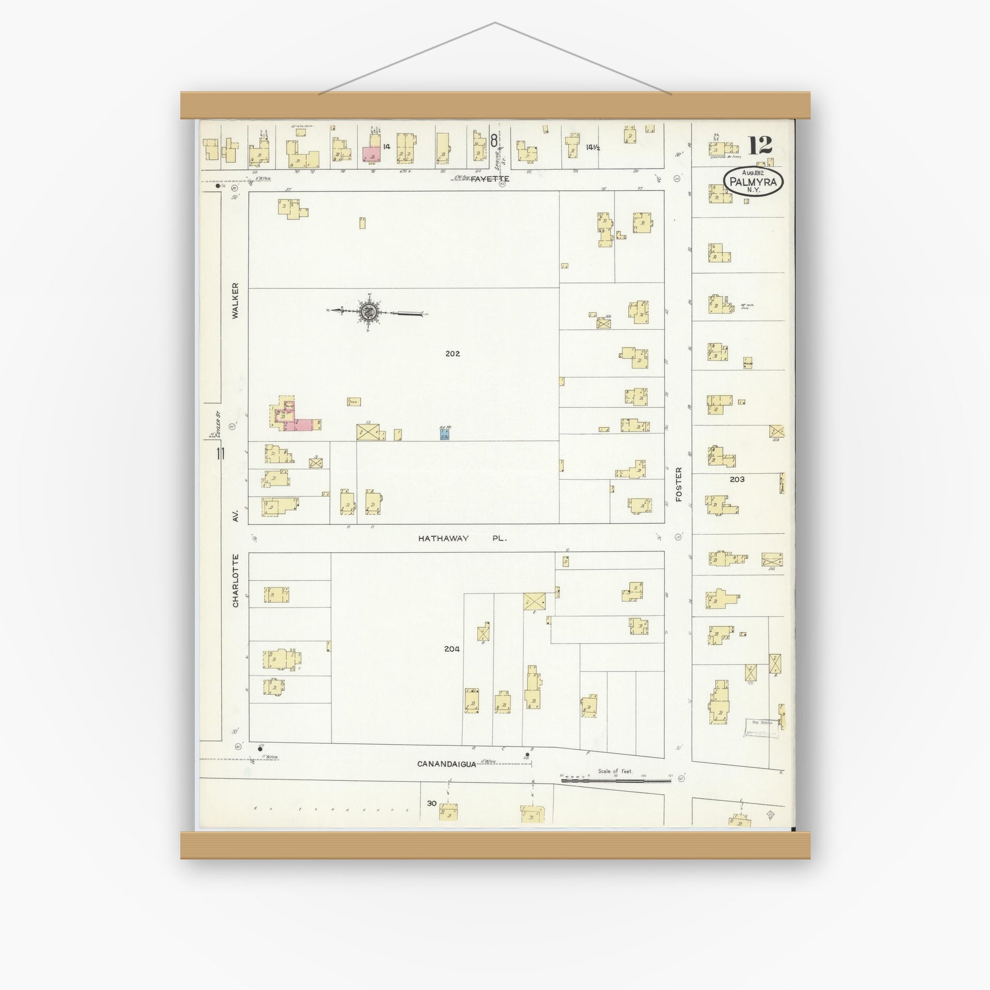 Old map wall art mockup — magnetic wood frame on white wall — Sanborn Fire Insurance Map from Palmyra, Wayne County, New York (1912), Sheet #0012