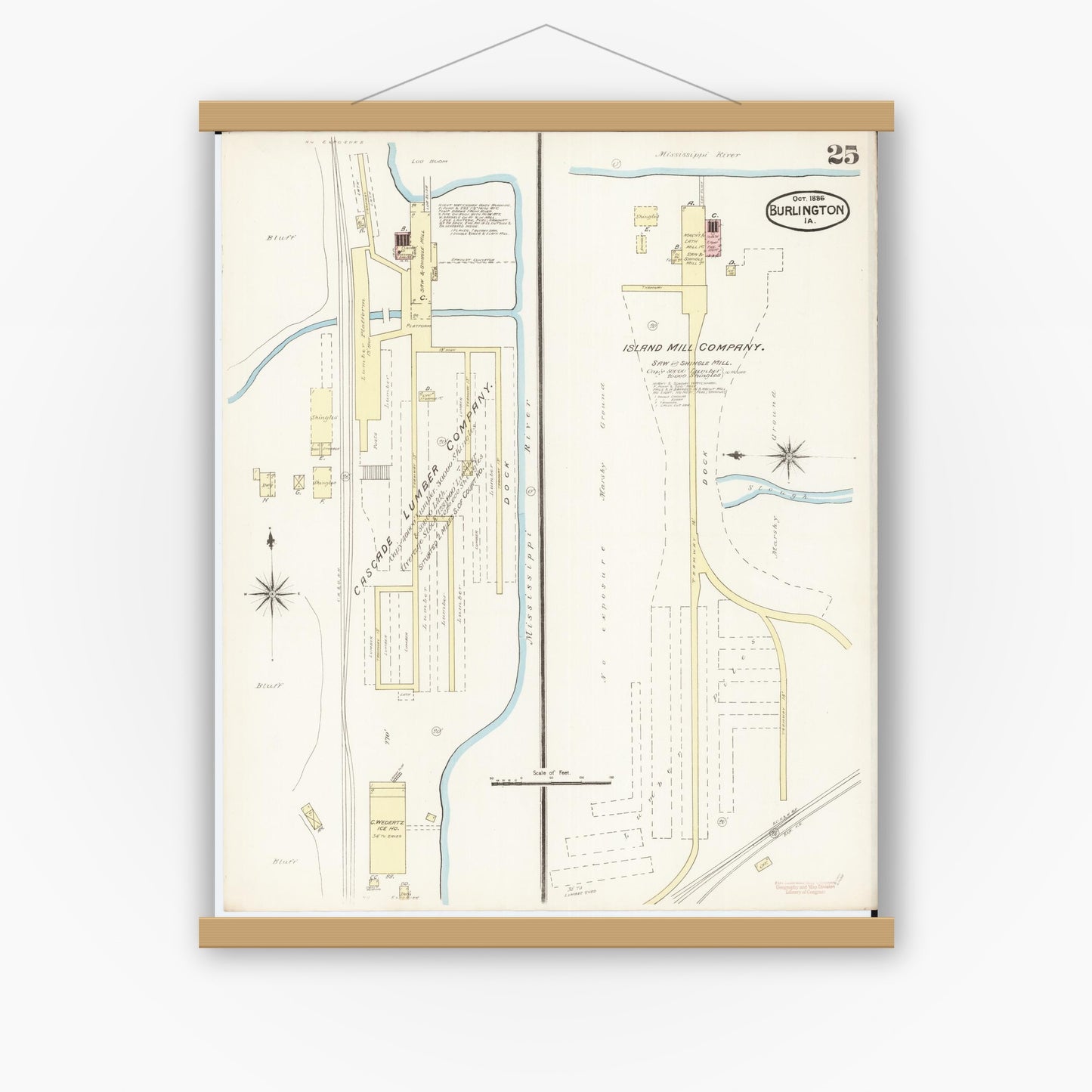 Old map wall art mockup — magnetic wood frame on white wall — Sanborn Fire Insurance Map from Burlington, Des Moines County, Iowa (1888), Sheet #0025