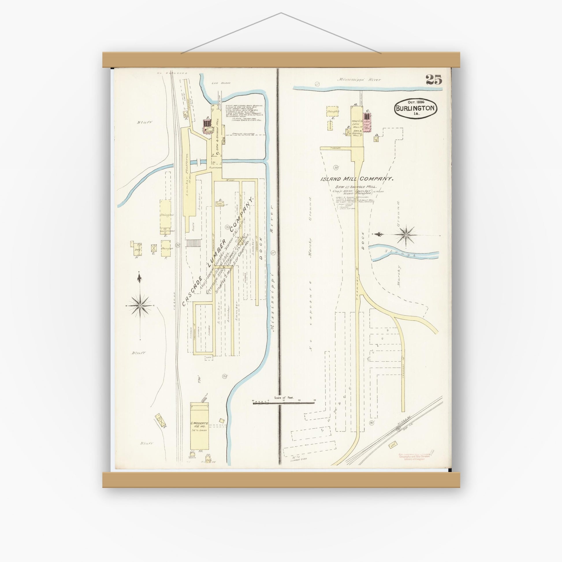 Old map wall art mockup — magnetic wood frame on white wall — Sanborn Fire Insurance Map from Burlington, Des Moines County, Iowa (1888), Sheet #0025