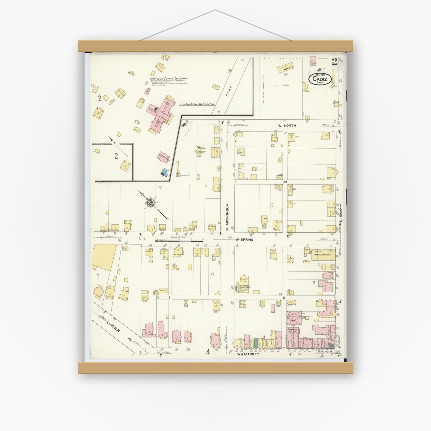 Old map wall art mockup — magnetic wood frame on white wall — Sanborn Fire Insurance Map from Cadiz, Harrison County, Ohio (1909), Sheet #0002