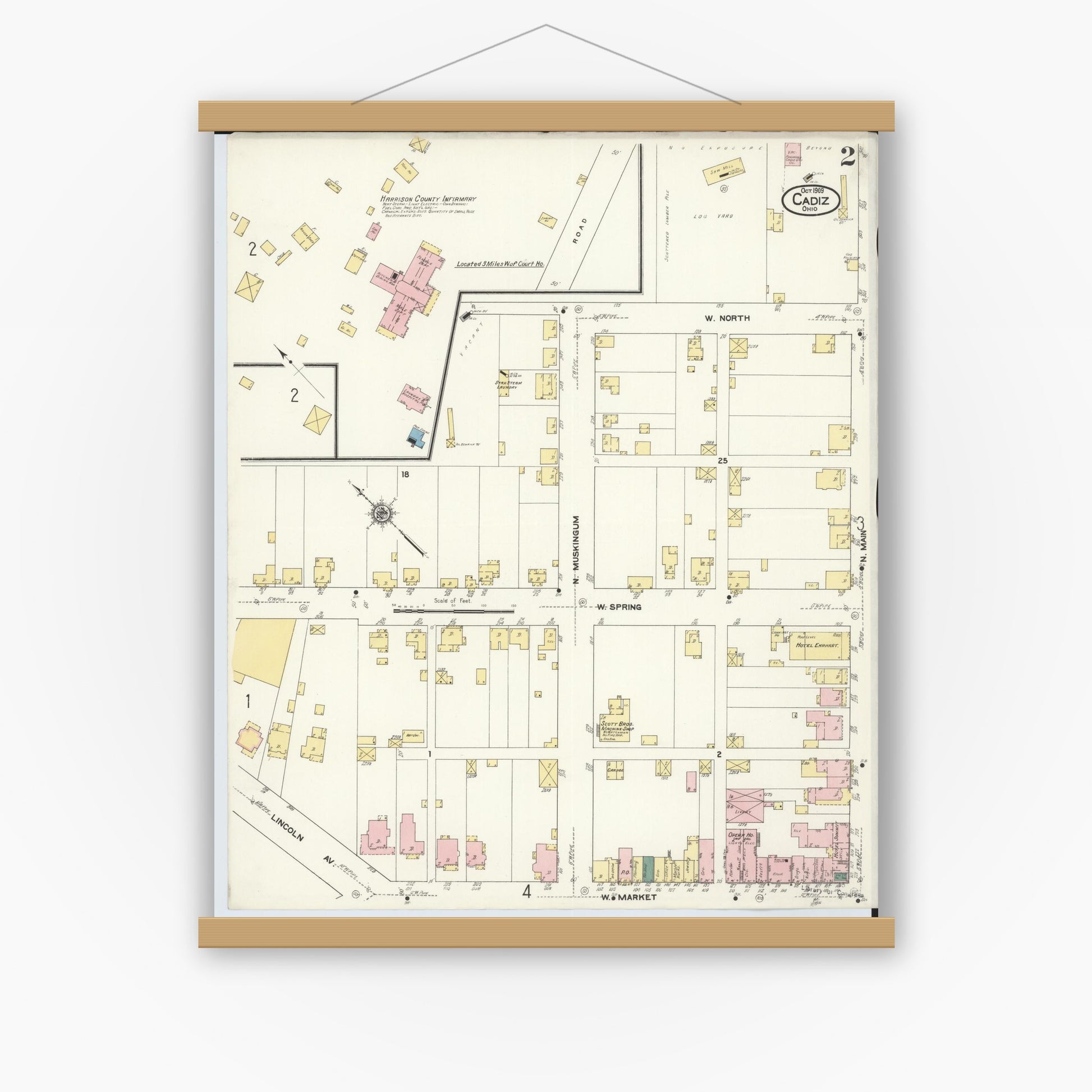 Old map wall art mockup — magnetic wood frame on white wall — Sanborn Fire Insurance Map from Cadiz, Harrison County, Ohio (1909), Sheet #0002