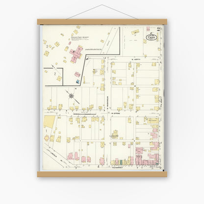Old map wall art mockup — magnetic wood frame on white wall — Sanborn Fire Insurance Map from Cadiz, Harrison County, Ohio (1909), Sheet #0002