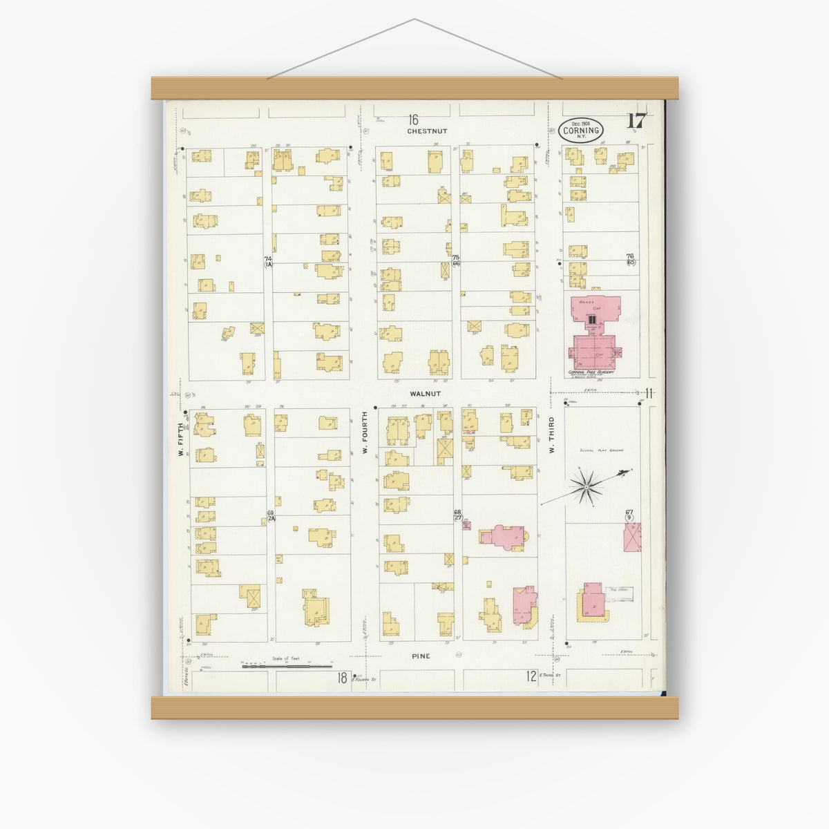 Old map wall art mockup — magnetic wood frame on white wall — Sanborn Fire Insurance Map from Corning, Steuben County, New York (1908), Sheet #0017