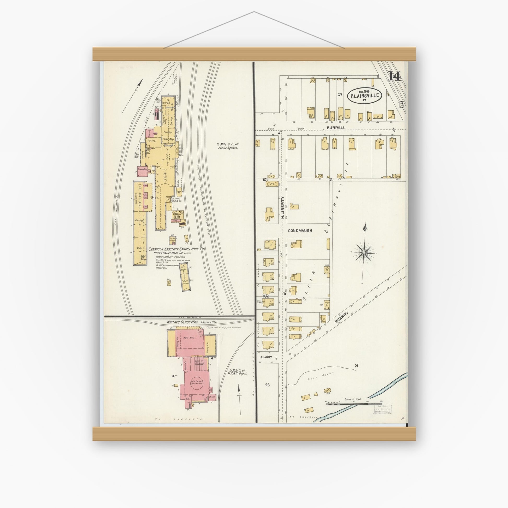 Old map wall art mockup — magnetic wood frame on white wall — Sanborn Fire Insurance Map from Blairsville, Indiana County, Pennsylvania (1903), Sheet #0014