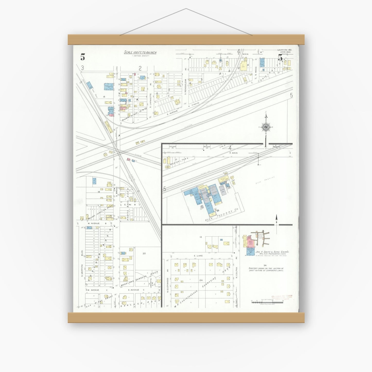 Old map wall art mockup — magnetic wood frame on white wall — Sanborn Fire Insurance Map from Griffith, Lake County, Indiana (1943), Sheet #0005