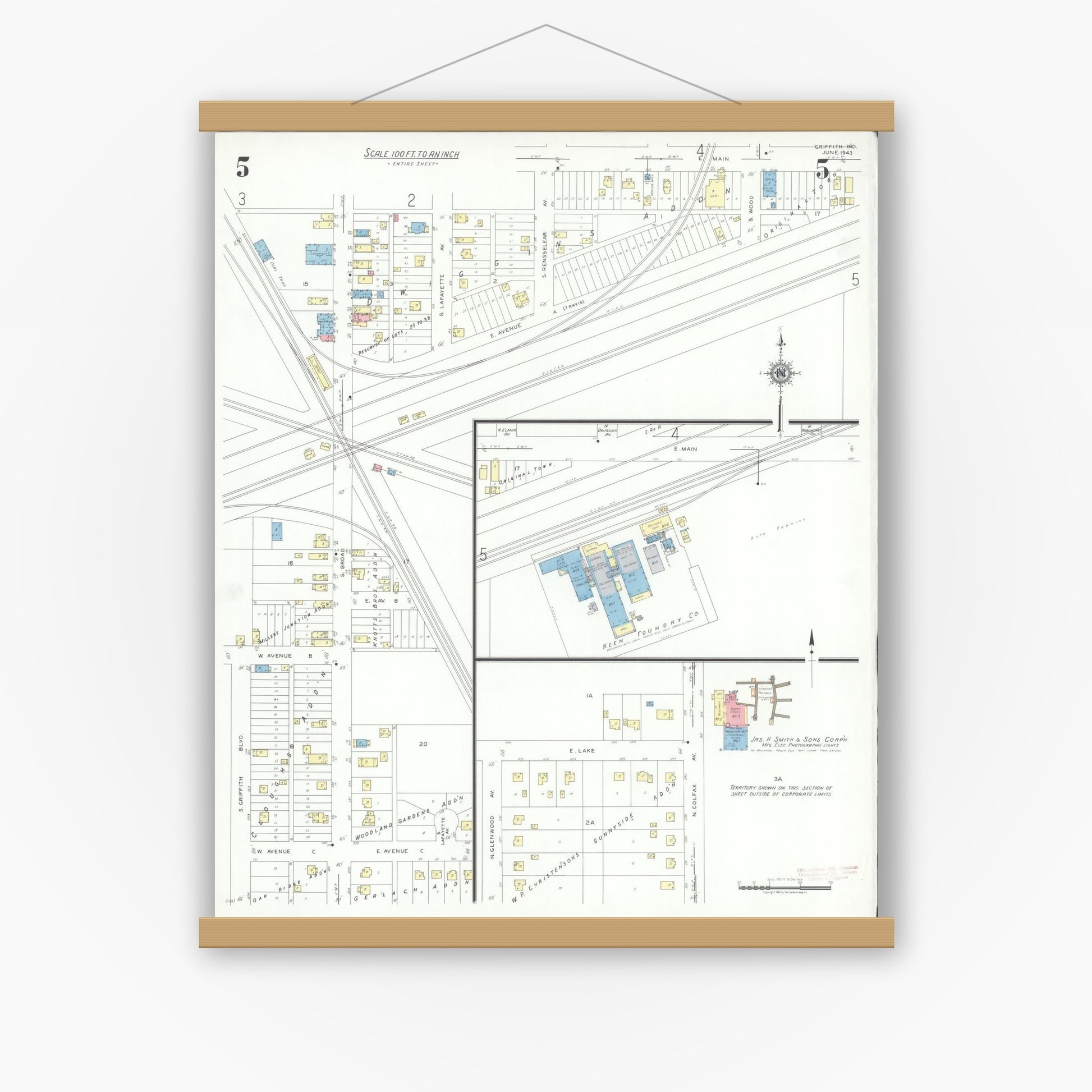 Old map wall art mockup — magnetic wood frame on white wall — Sanborn Fire Insurance Map from Griffith, Lake County, Indiana (1943), Sheet #0005