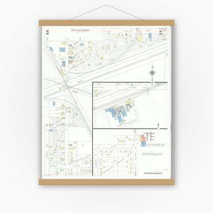 Old map wall art mockup — magnetic wood frame on white wall — Sanborn Fire Insurance Map from Griffith, Lake County, Indiana (1943), Sheet #0005