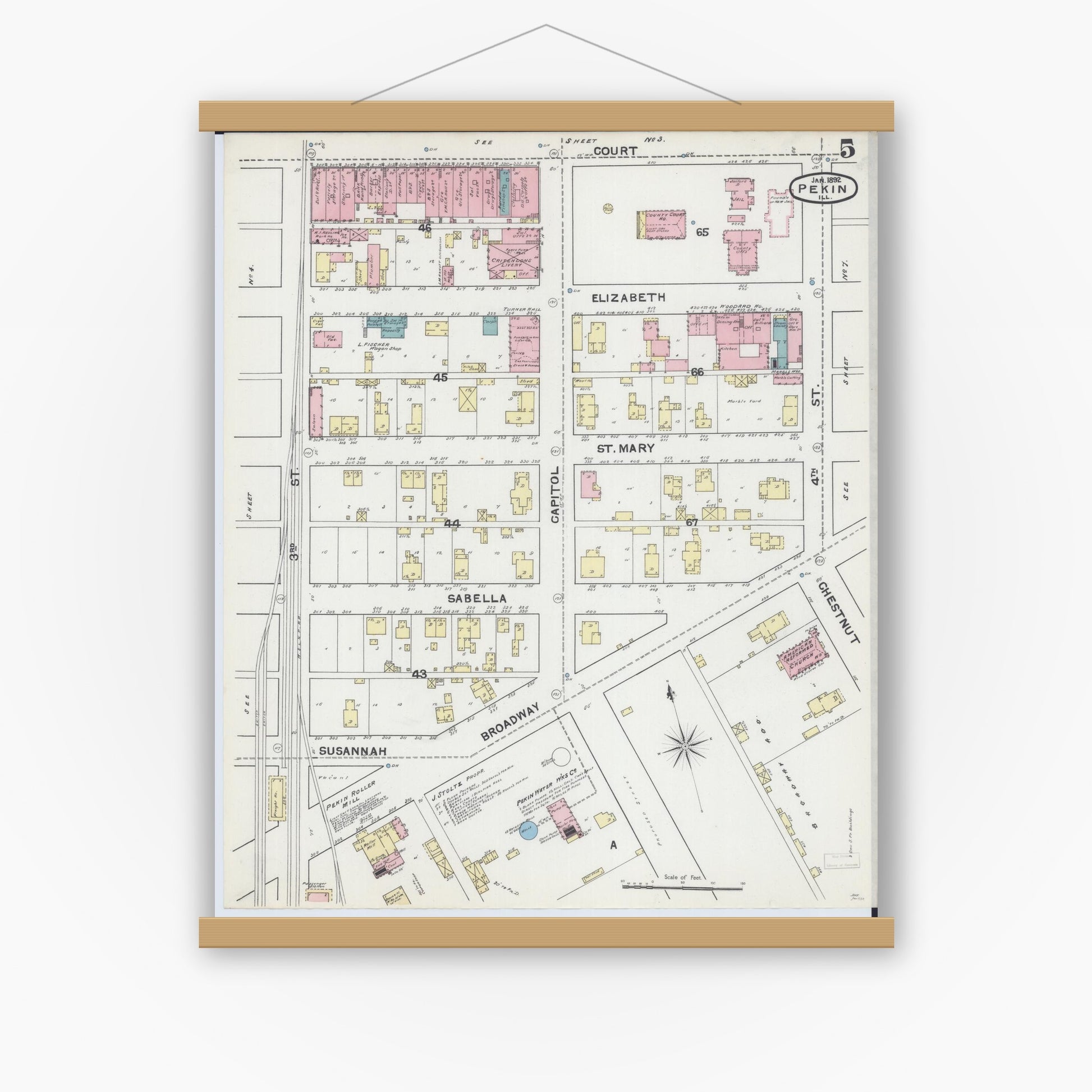 Old map wall art mockup — magnetic wood frame on white wall — Sanborn Fire Insurance Map from Pekin, Tazewell County, Illinois (1892), Sheet #0005