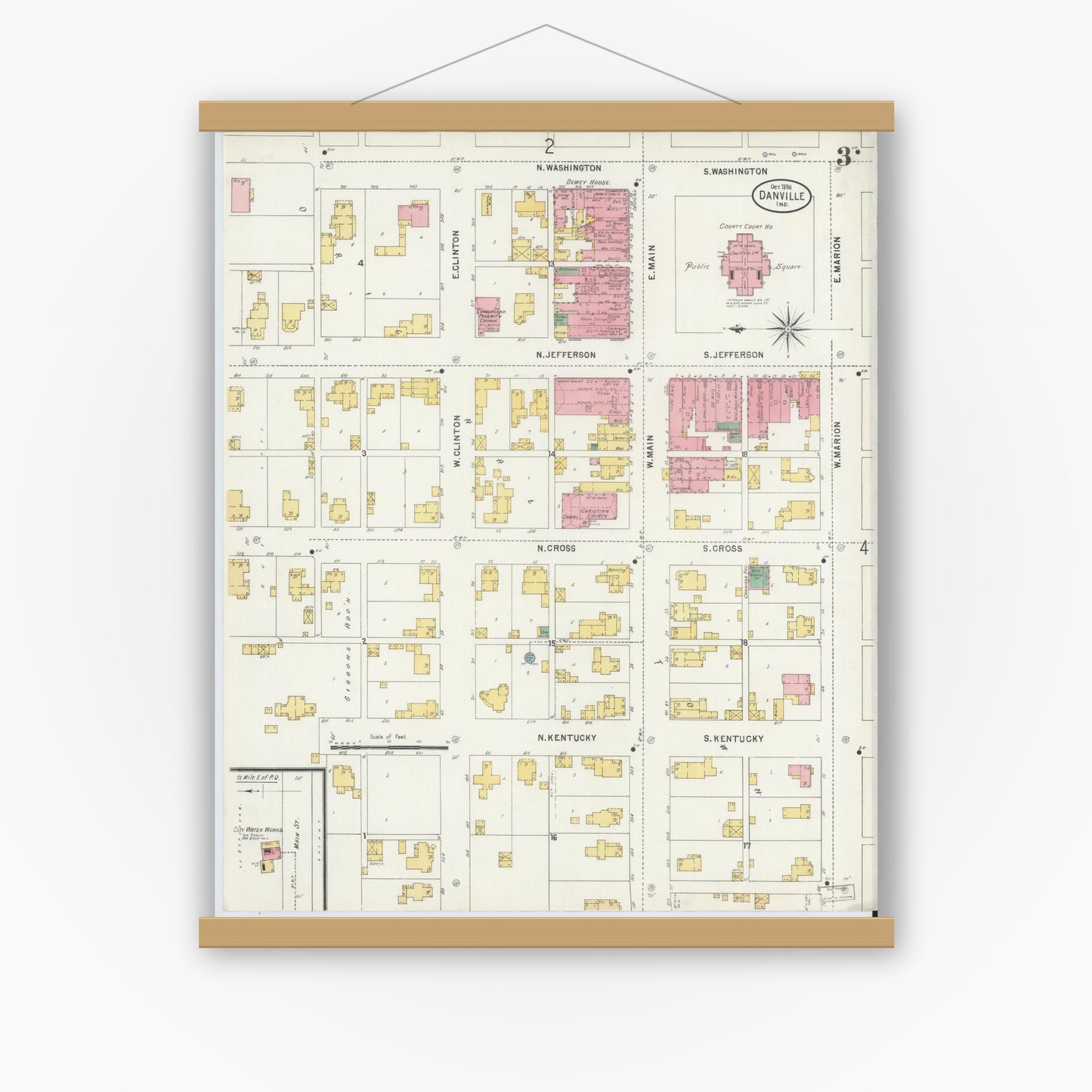Old map wall art mockup — magnetic wood frame on white wall — Sanborn Fire Insurance Map from Danville, Hendricks County, Indiana (1898), Sheet #0003