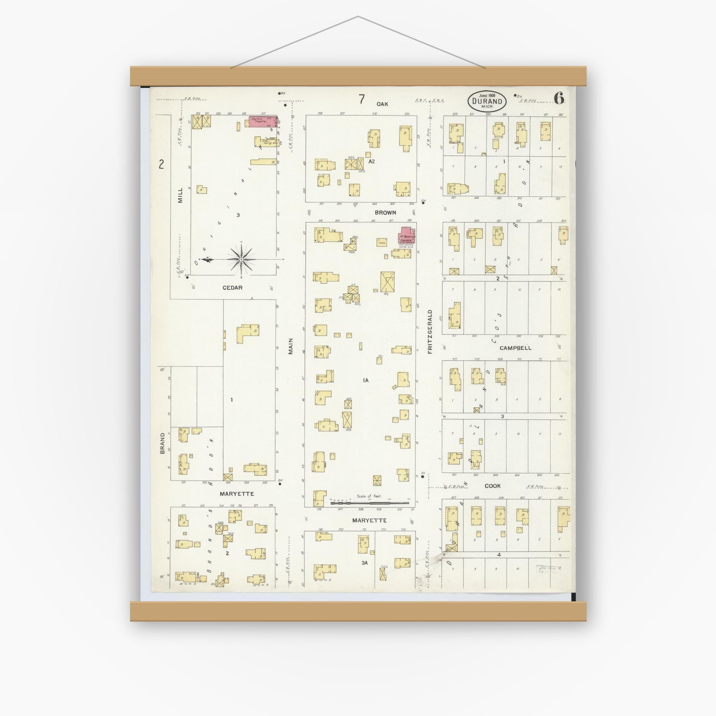 Old map wall art mockup — magnetic wood frame on white wall — Sanborn Fire Insurance Map from Durand, Shiawassee County, Michigan (1908), Sheet #0006