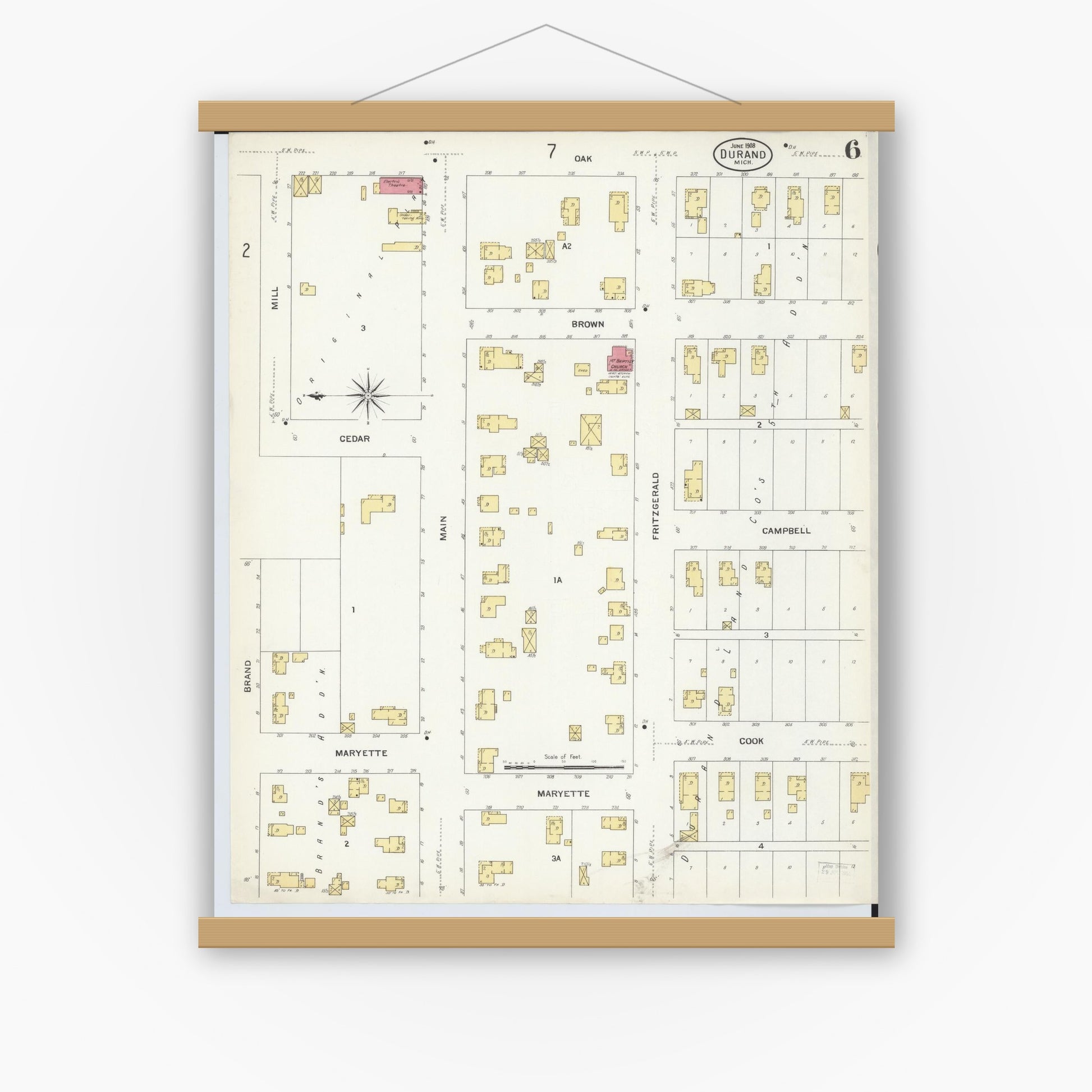 Old map wall art mockup — magnetic wood frame on white wall — Sanborn Fire Insurance Map from Durand, Shiawassee County, Michigan (1908), Sheet #0006