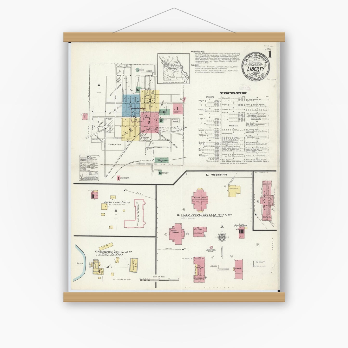 Old map wall art mockup — magnetic wood frame on white wall — Sanborn Fire Insurance Map from Liberty, Clay County, Missouri (1913), Sheet #0001