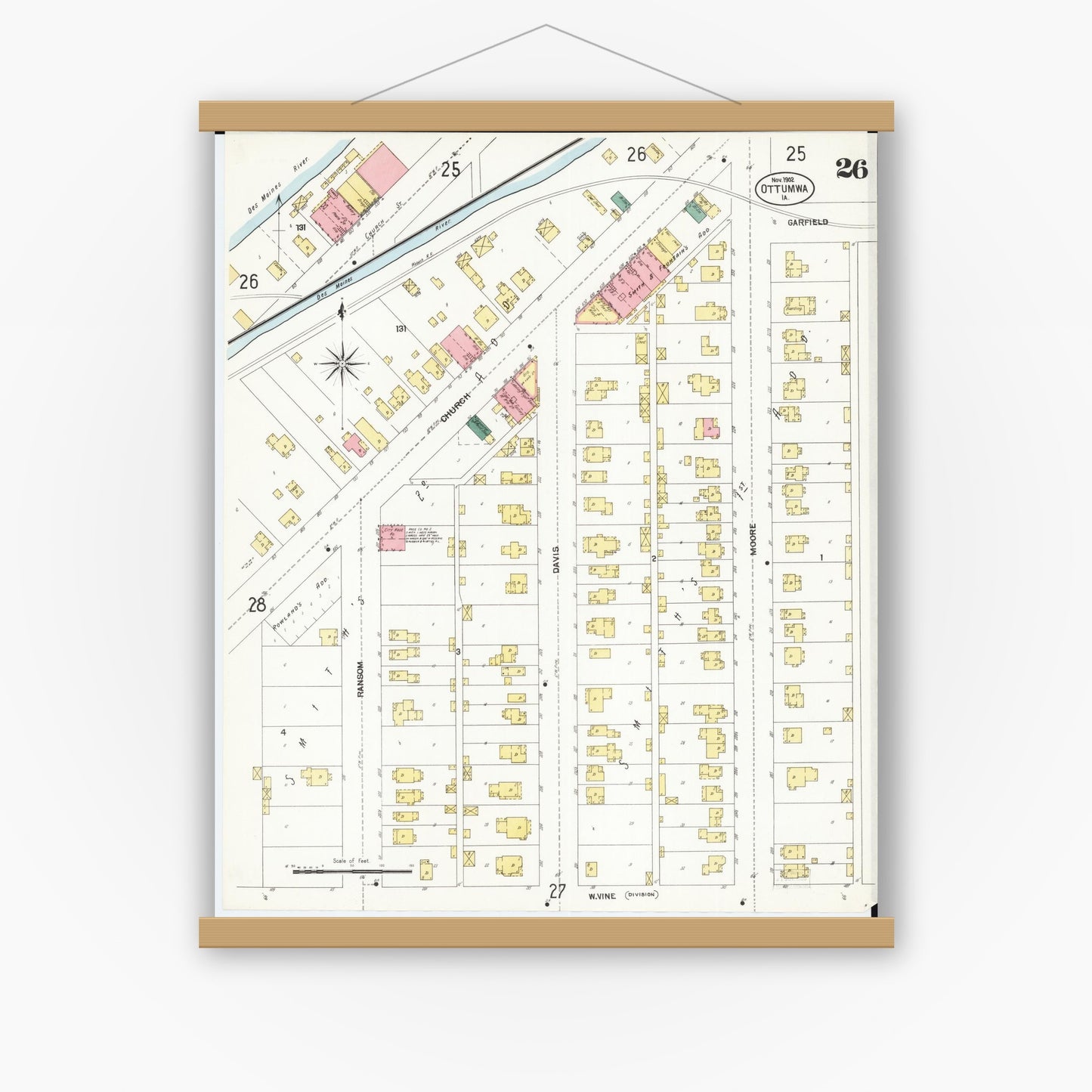 Old map wall art mockup — magnetic wood frame on white wall — Sanborn Fire Insurance Map from Ottumwa, Wapello County, Iowa (1902), Sheet #0026