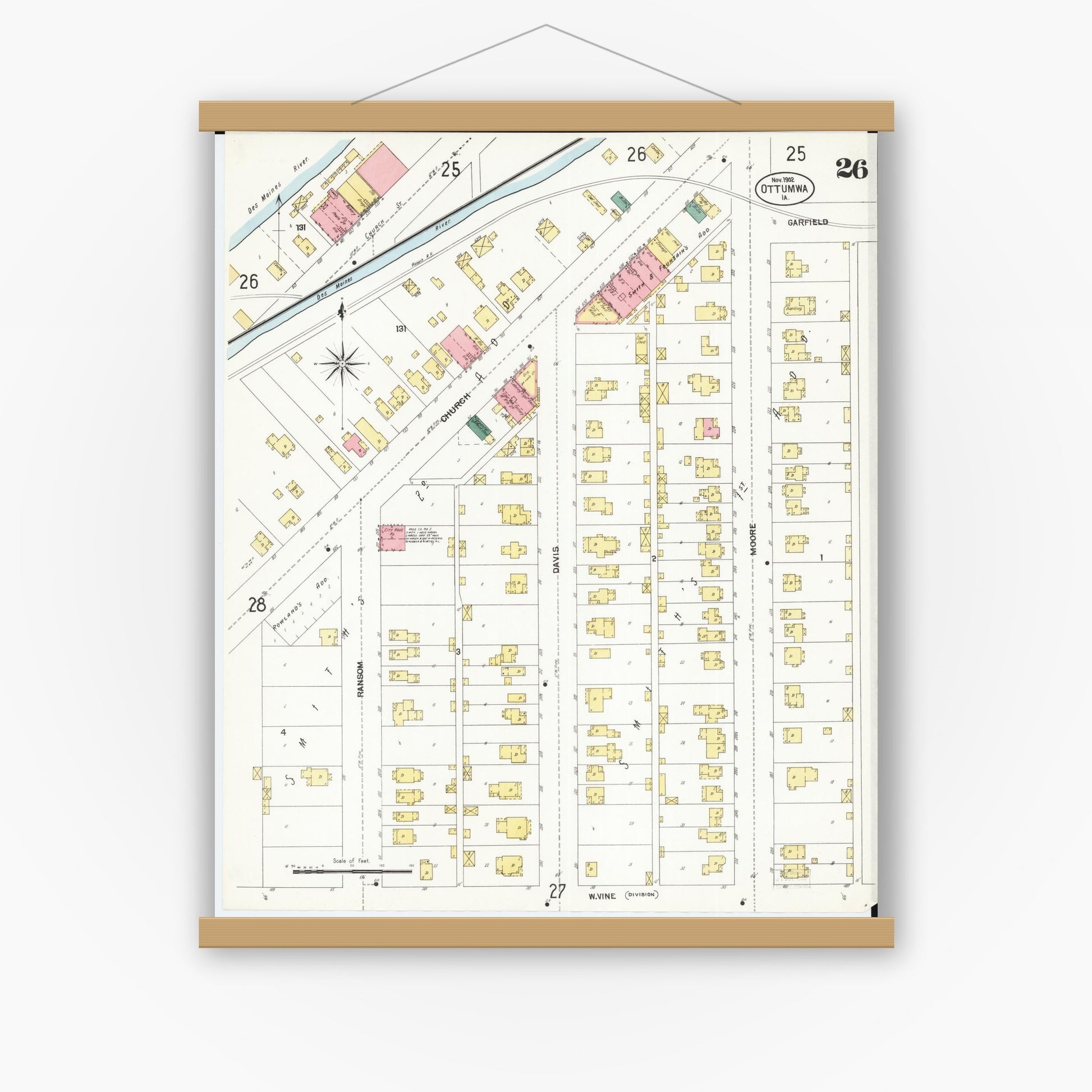 Old map wall art mockup — magnetic wood frame on white wall — Sanborn Fire Insurance Map from Ottumwa, Wapello County, Iowa (1902), Sheet #0026
