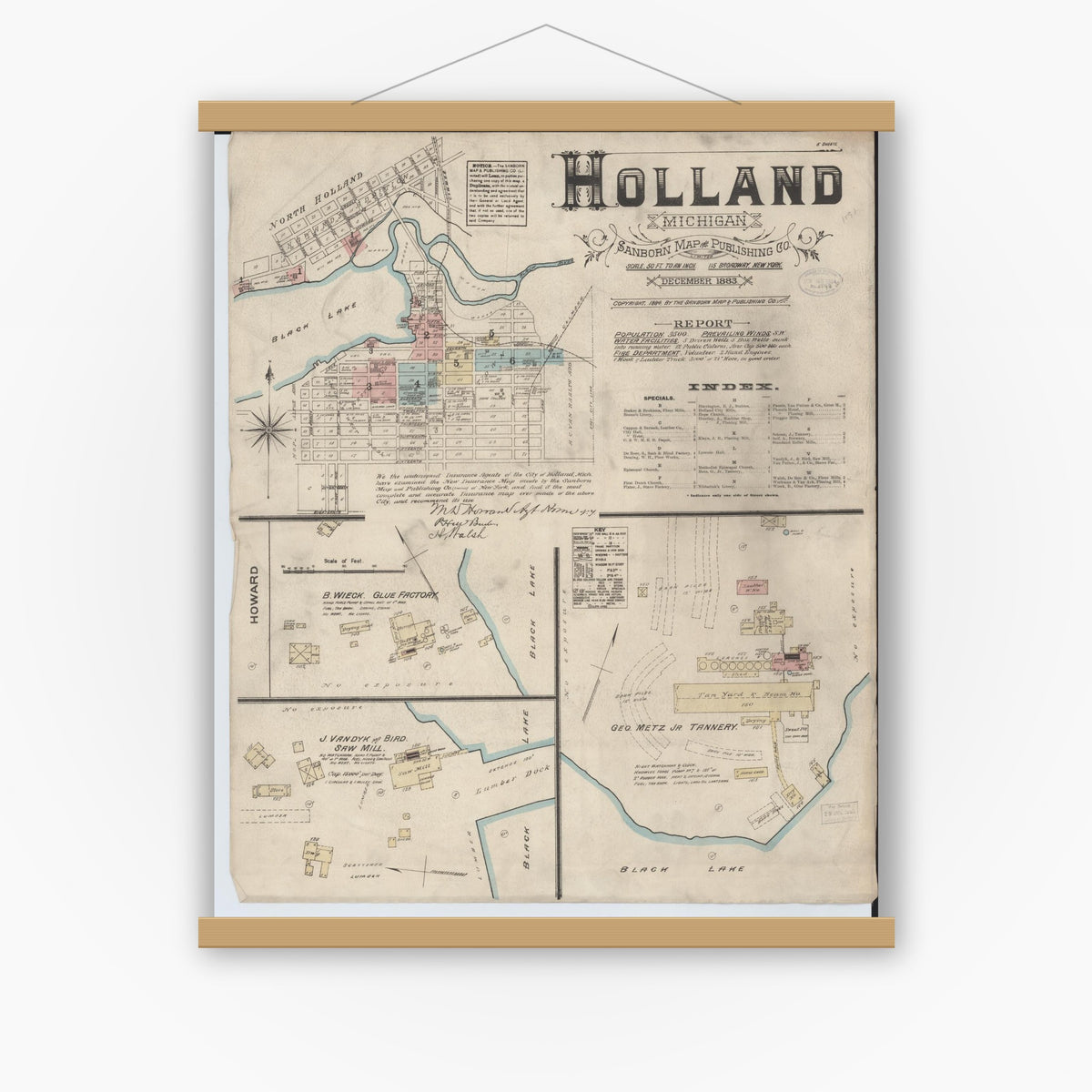 Old map wall art mockup — magnetic wood frame on white wall — Sanborn Fire Insurance Map from Holland, Ottawa County, Michigan (1883), Sheet #0001